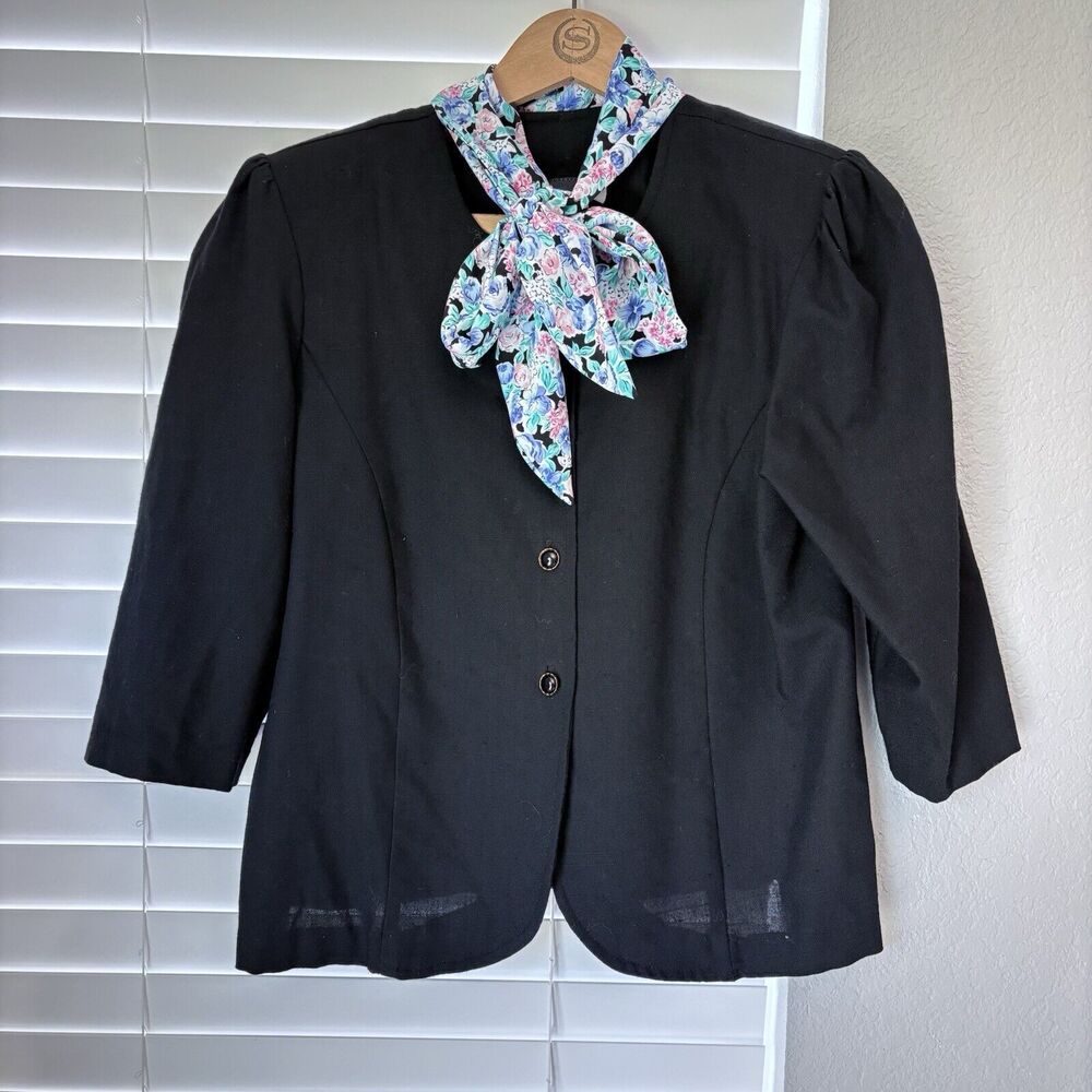 Leni Leni Women Top Shirt w/Scarf Black Jacket Blouse 1/2 Sleeves Sz 10 USA Made